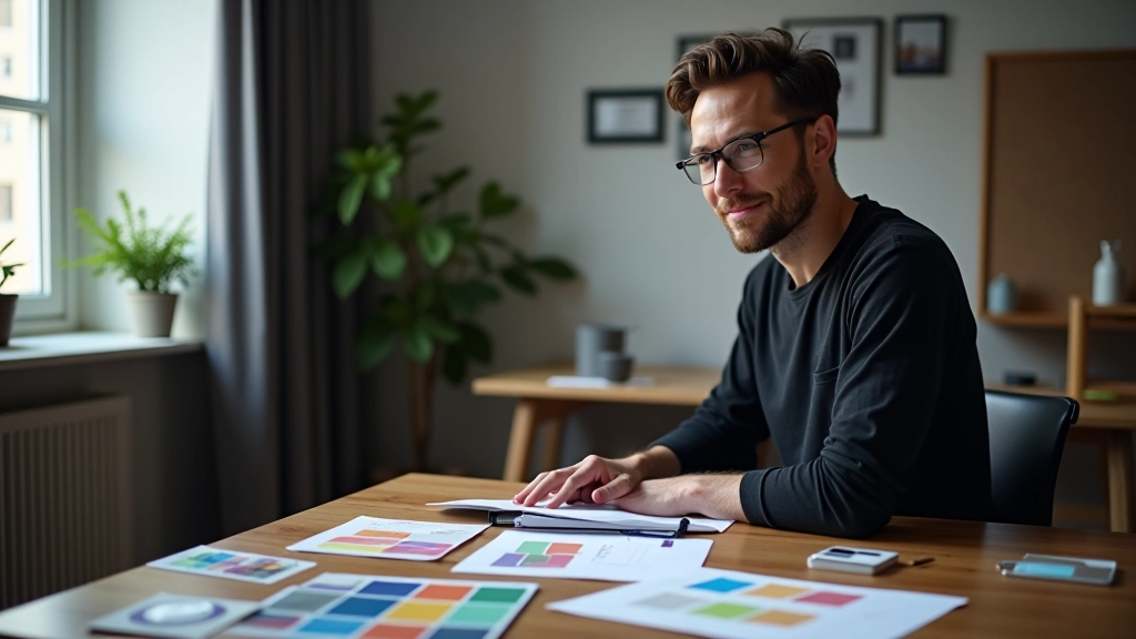 Designer aan het werk met kleurpaletdocumenten en wireframes op een bureau