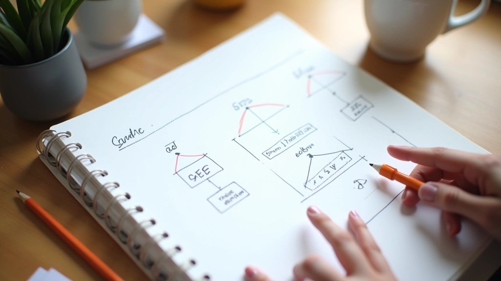Close-up van een notepad met visuele hiërarchie schetsen en annotaties
