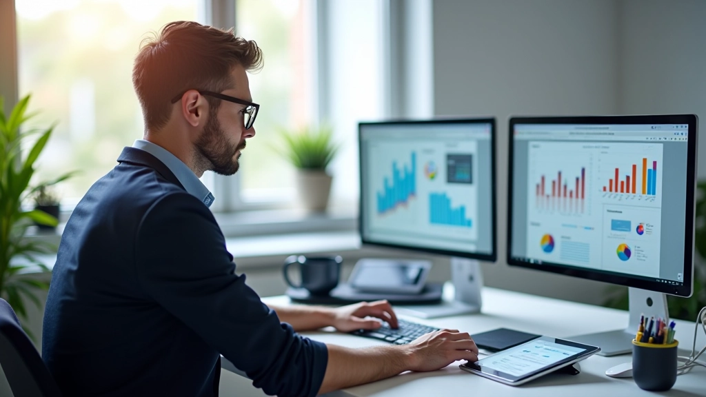 Webdesigner analyseert test resultaten op computerscherm met grafieken en data